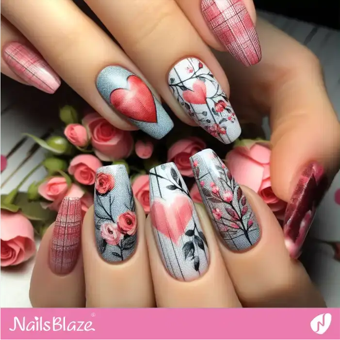 Hearts and Roses on Textured Effect Nails | Valentine Nails - NB2323